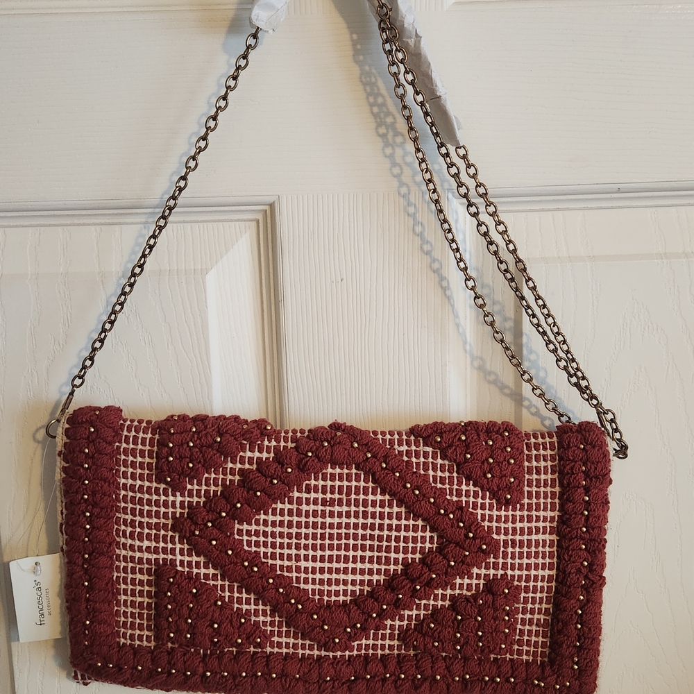 *NWT* Burgundy and Cream Clutch with Brass Beading